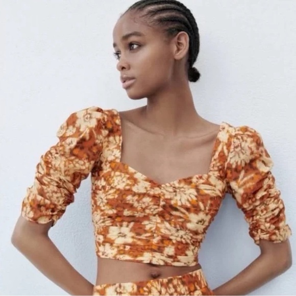 ZARA RUCHED CROP TOP FLORAL ORANGE XS - Picture 2 of 11